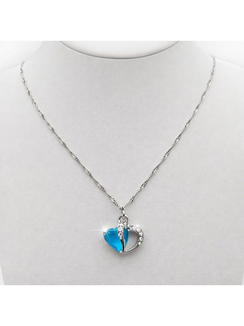 Blue & Silver Double Heart Necklace CZ Accent Romantic Gift